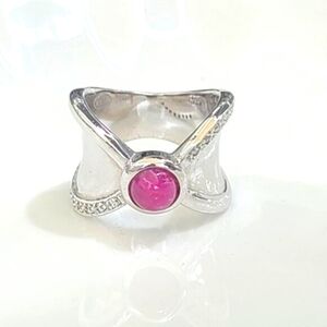 Vintage Boho Sterling Silver Natural Ruby Cabochon Crystal Wide Ring 6.25